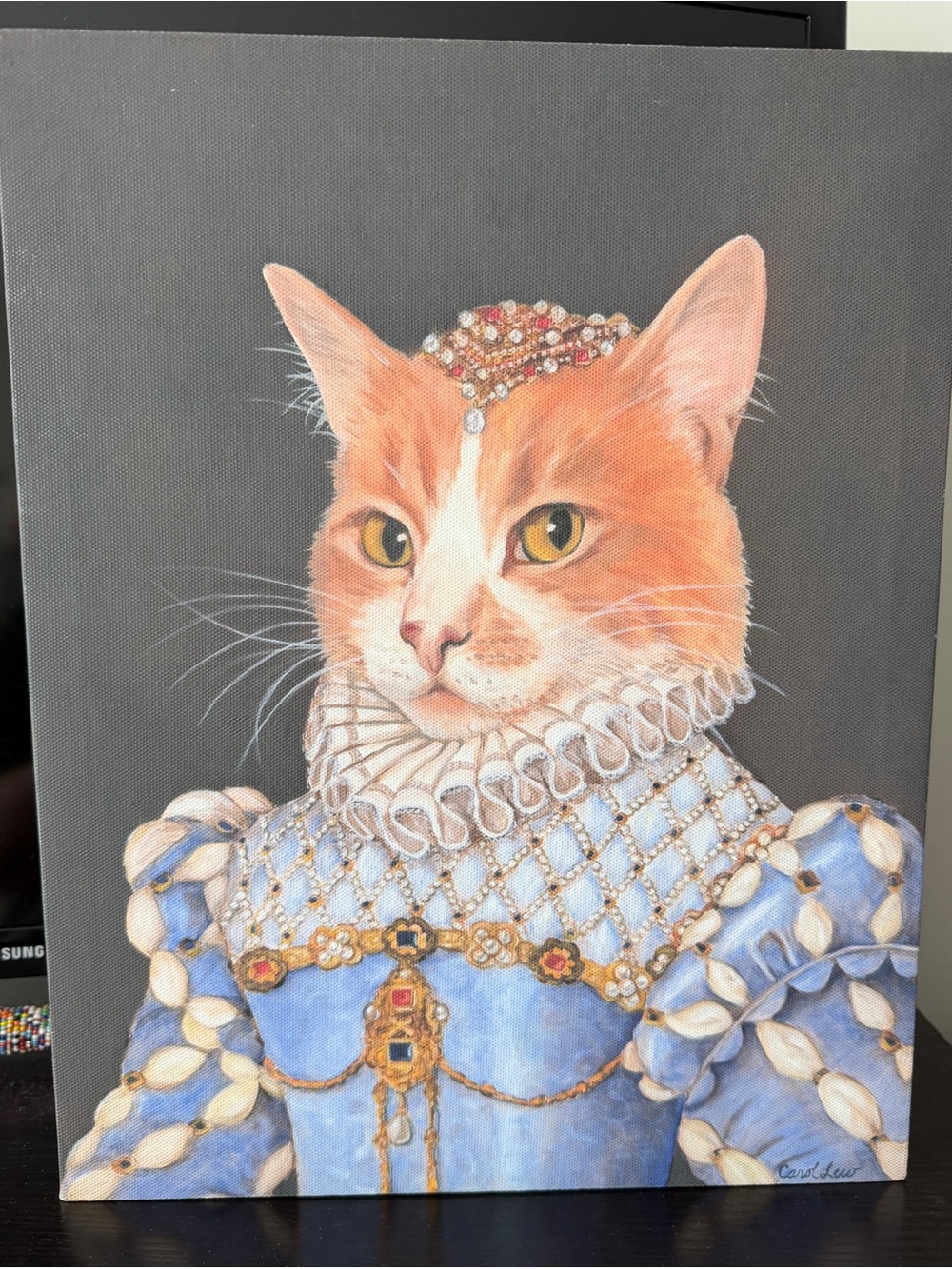 Orange Victorian Cat Portrait Canvas Print in Blue Regency Dress